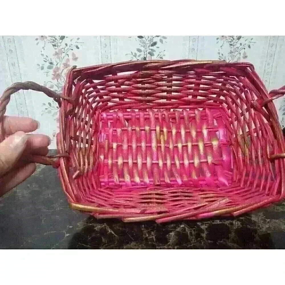 Vintage Wicker Basket Pink & Bronze Decorative Storage